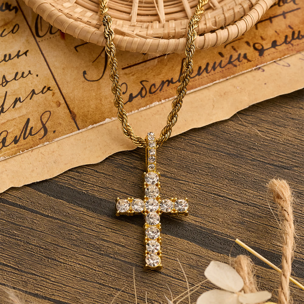 Christianartworkshop Smooth Twist Chain Full Stone Encrusted Cross Necklace: Timeless Emblem of Gentle Heavenly Guardianship - Golden - image 2