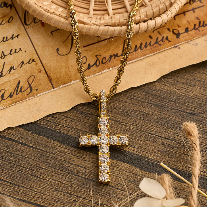 Christianartworkshop Smooth Twist Chain Full Stone Encrusted Cross Necklace: Timeless Emblem of Gentle Heavenly Guardianship - Golden - image 2