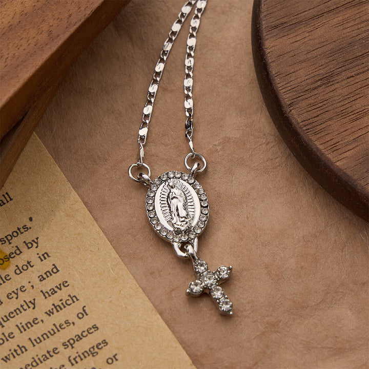 Christianartworkshop Two-Charm Our Lady & Cross Pendant Necklace: Timeless Emblem of Gentle Heavenly Guardianship - Silver - image 0