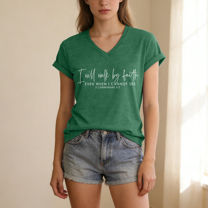 Christianartworkshop I Will Walk By Faith Dual Font Scripture Verse Graphic Casual V-neck T-shirt - image 25