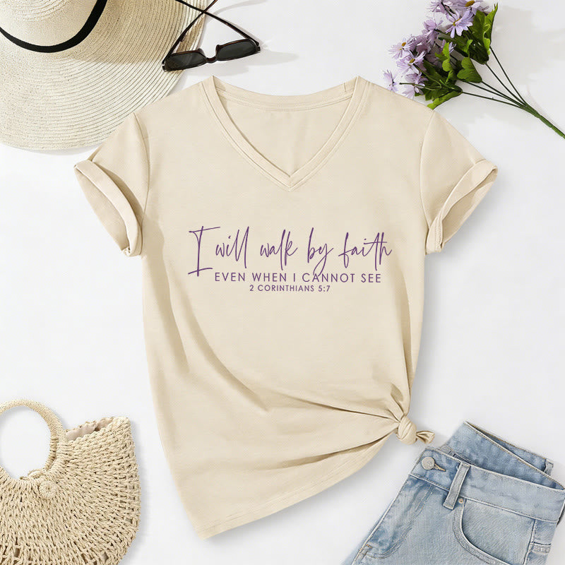 Christianartworkshop I Will Walk By Faith Dual Font Scripture Verse Graphic Casual V-neck T-shirt - Beige - 2XL - image 2