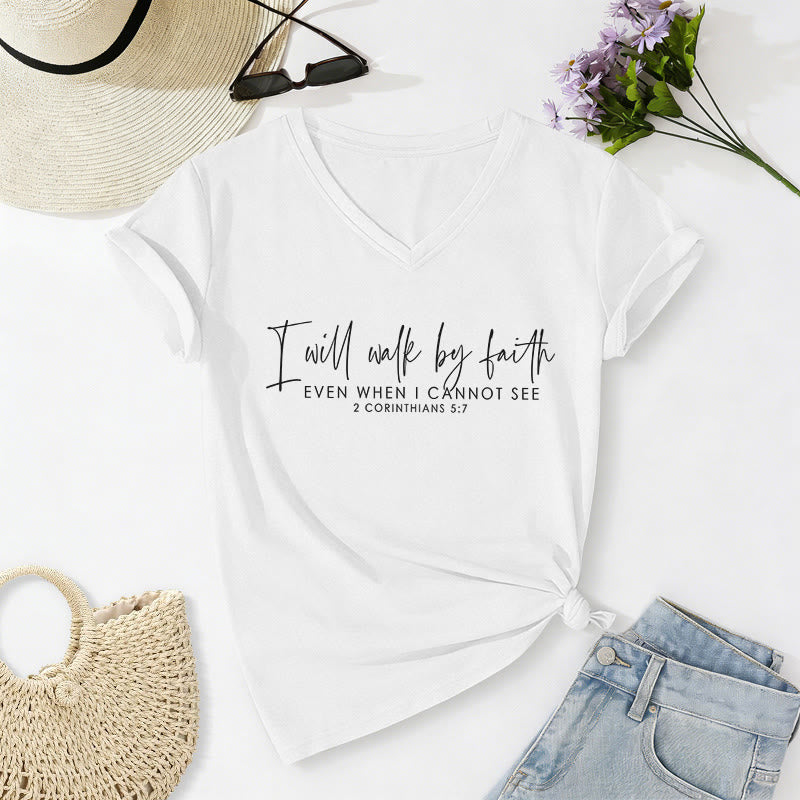 Christianartworkshop I Will Walk By Faith Dual Font Scripture Verse Graphic Casual V-neck T-shirt - White - 2XL - image 20