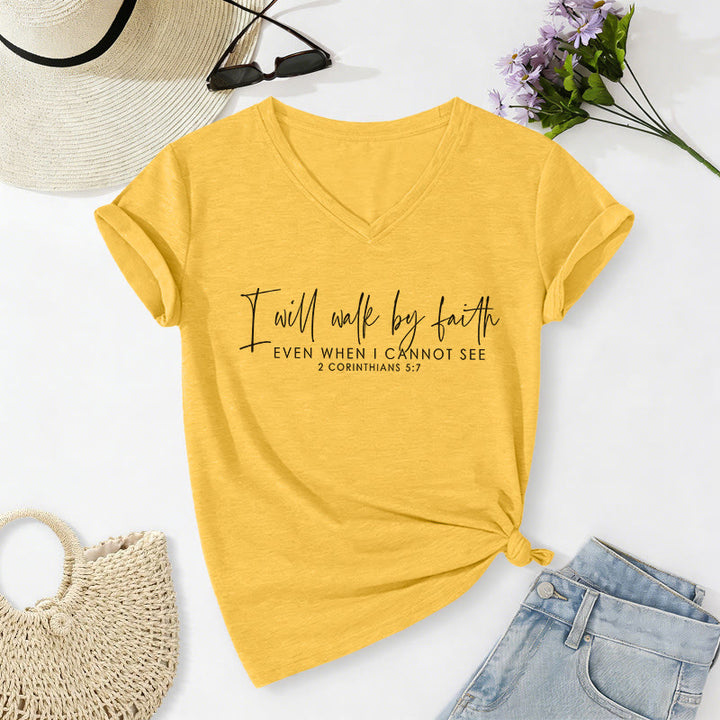 Christianartworkshop I Will Walk By Faith Dual Font Scripture Verse Graphic Casual V-neck T-shirt - Yellow - 2XL - image 0