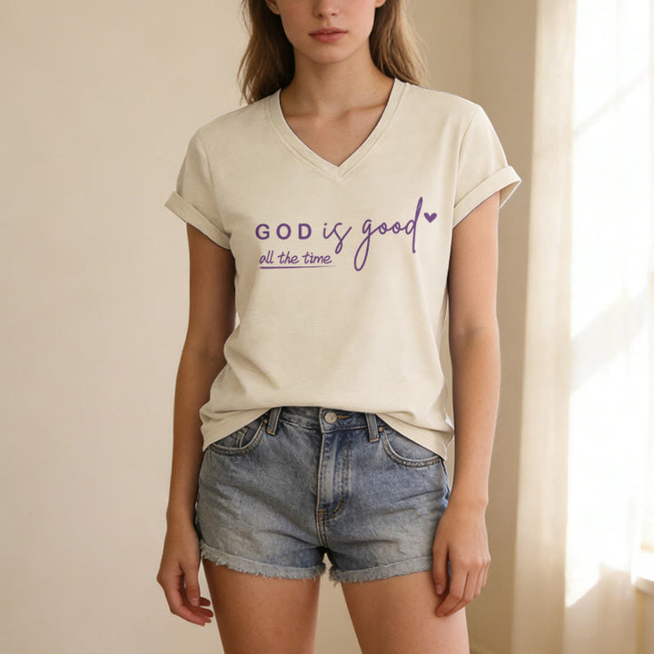 Christianartworkshop God Is Good All The Time Dual Tiny Heart Accent Casual V-neck T-shirt - image 1