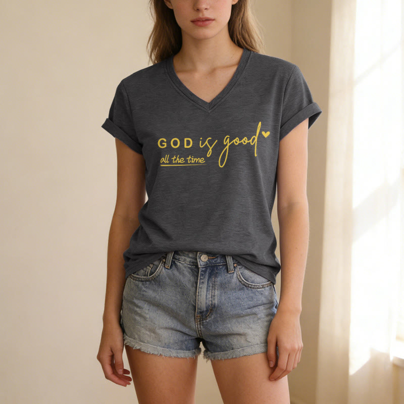 Christianartworkshop God Is Good All The Time Dual Tiny Heart Accent Casual V-neck T-shirt - image 11