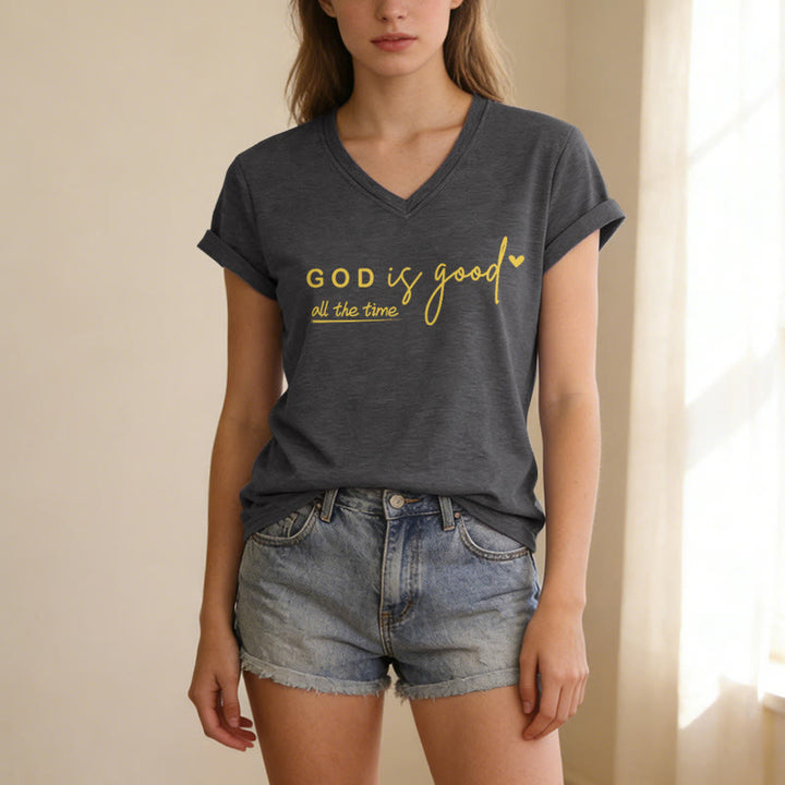 Christianartworkshop God Is Good All The Time Dual Tiny Heart Accent Casual V-neck T-shirt - image 11