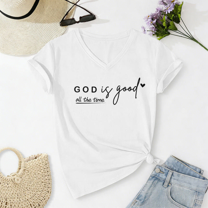 Christianartworkshop God Is Good All The Time Dual Tiny Heart Accent Casual V-neck T-shirt - White - 2XL - image 20