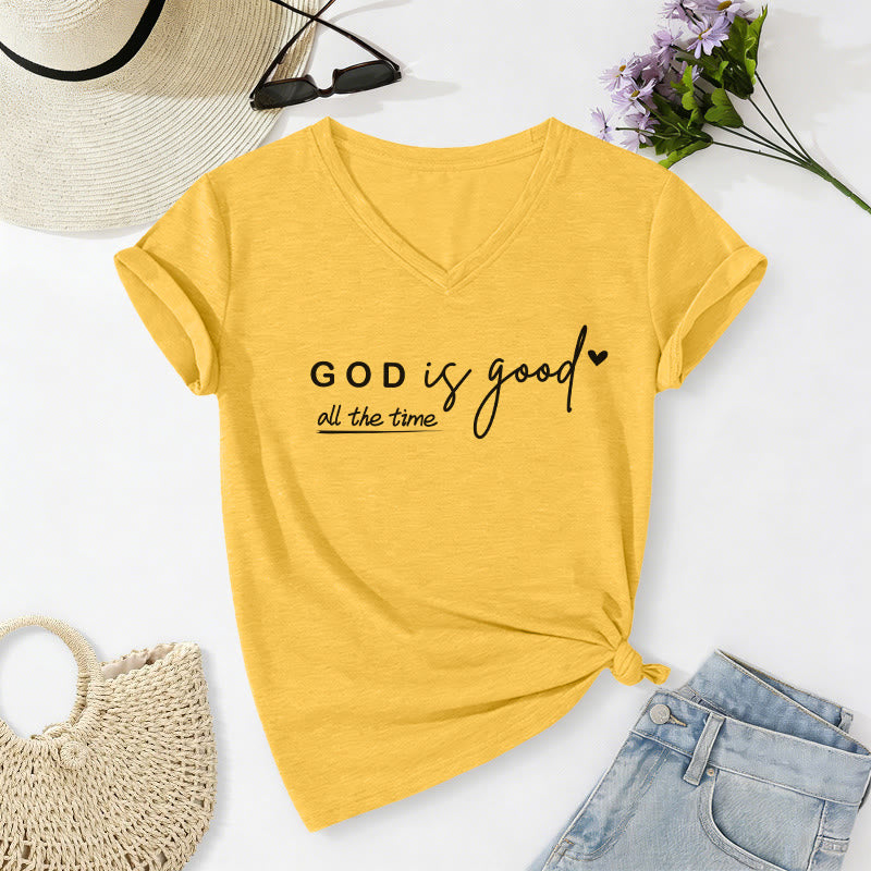 Christianartworkshop God Is Good All The Time Dual Tiny Heart Accent Casual V-neck T-shirt - Yellow - 2XL - image 2