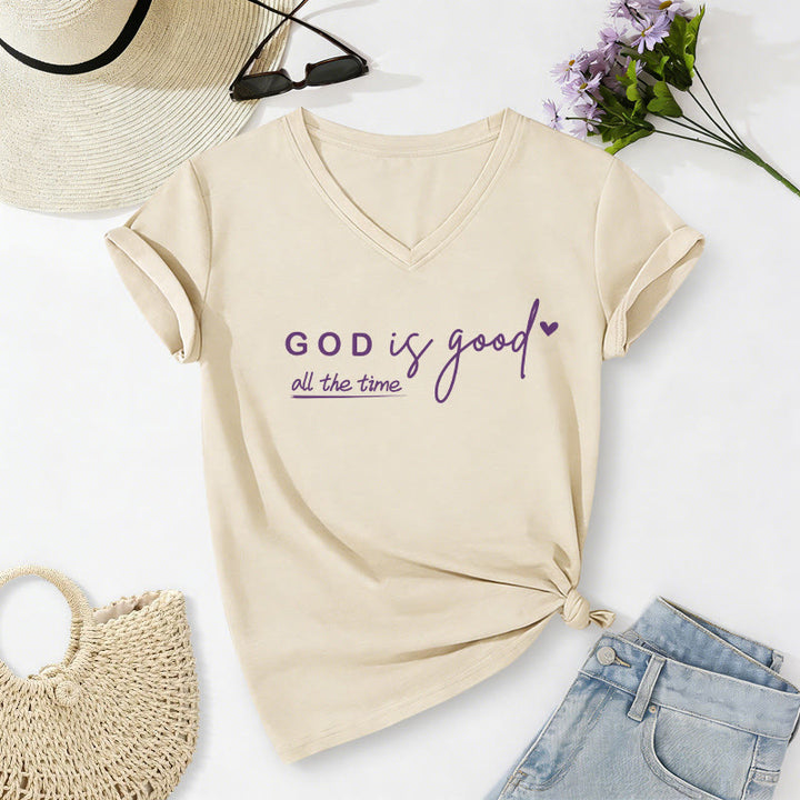 Christianartworkshop God Is Good All The Time Dual Tiny Heart Accent Casual V-neck T-shirt - Beige - 2XL - image 0