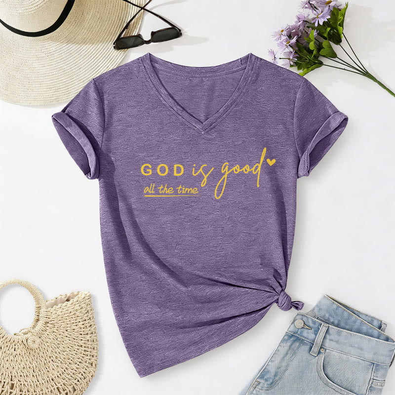 Christianartworkshop God Is Good All The Time Dual Tiny Heart Accent Casual V-neck T-shirt - Purple - 2XL - image 8