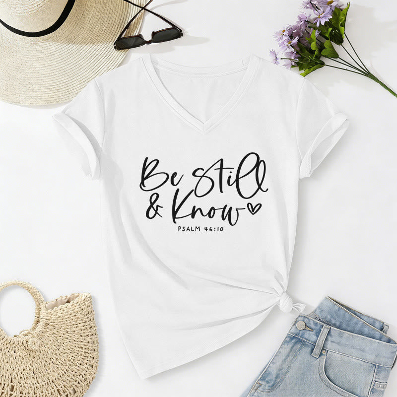 Christianartworkshop Be Still & Know Flowing Cursive Tiny Heart Psalm 46:10 Verse Casual V-neck T-shirt - White - 2XL - image 20