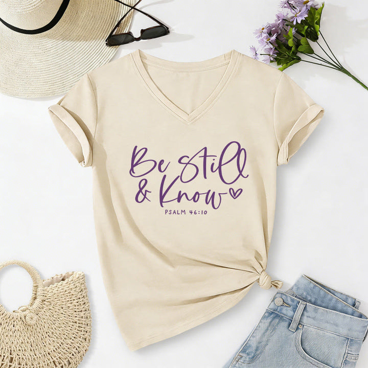 Christianartworkshop Be Still & Know Flowing Cursive Tiny Heart Psalm 46:10 Verse Casual V-neck T-shirt - Beige - 2XL - image 2