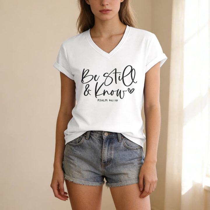Christianartworkshop Be Still & Know Flowing Cursive Tiny Heart Psalm 46:10 Verse Casual V-neck T-shirt - image 21