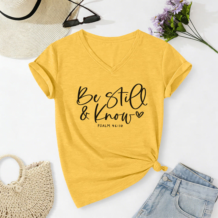 Christianartworkshop Be Still & Know Flowing Cursive Tiny Heart Psalm 46:10 Verse Casual V-neck T-shirt - Yellow - 2XL - image 4