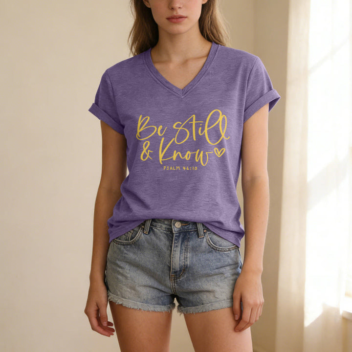Christianartworkshop Be Still & Know Flowing Cursive Tiny Heart Psalm 46:10 Verse Casual V-neck T-shirt - image 9