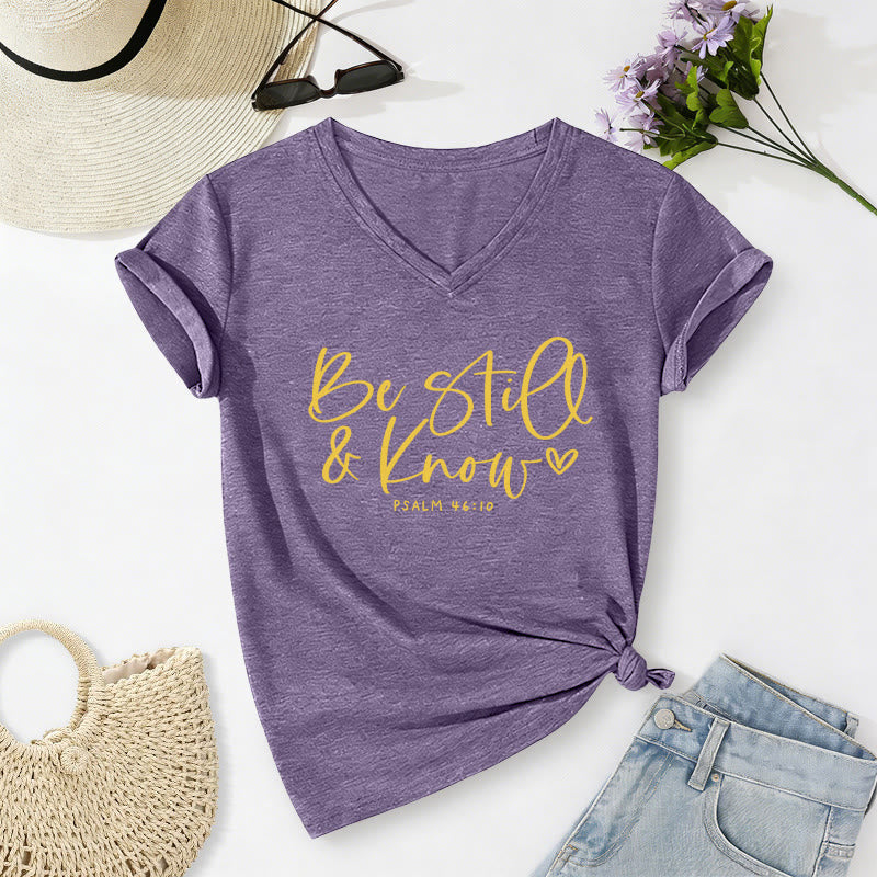 Christianartworkshop Be Still & Know Flowing Cursive Tiny Heart Psalm 46:10 Verse Casual V-neck T-shirt - Purple - 2XL - image 8