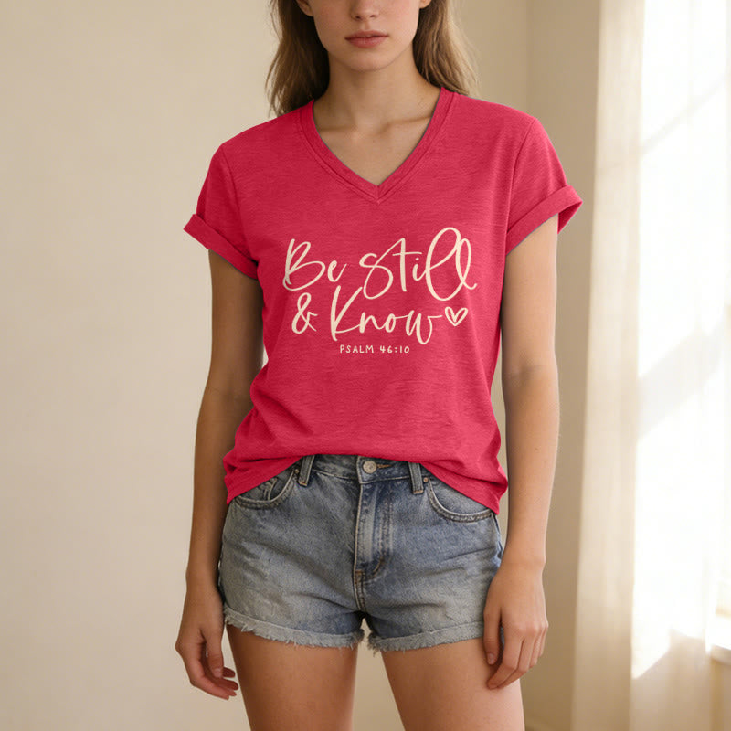Christianartworkshop Be Still & Know Flowing Cursive Tiny Heart Psalm 46:10 Verse Casual V-neck T-shirt - image 7
