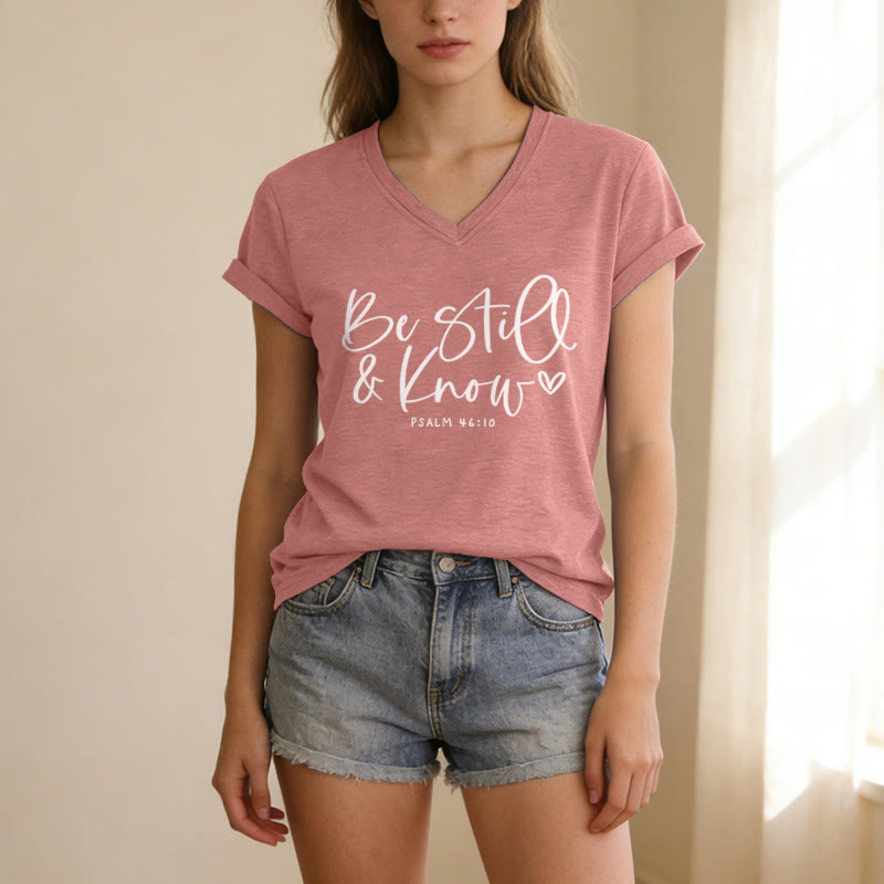 Christianartworkshop Be Still & Know Flowing Cursive Tiny Heart Psalm 46:10 Verse Casual V-neck T-shirt - image 17