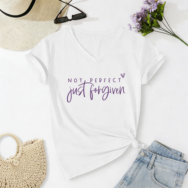 Christianartworkshop Not Perfect Just Forgiven Dual Font Tiny Outline Heart Casual V-neck T-shirt - White - 2XL - image 20