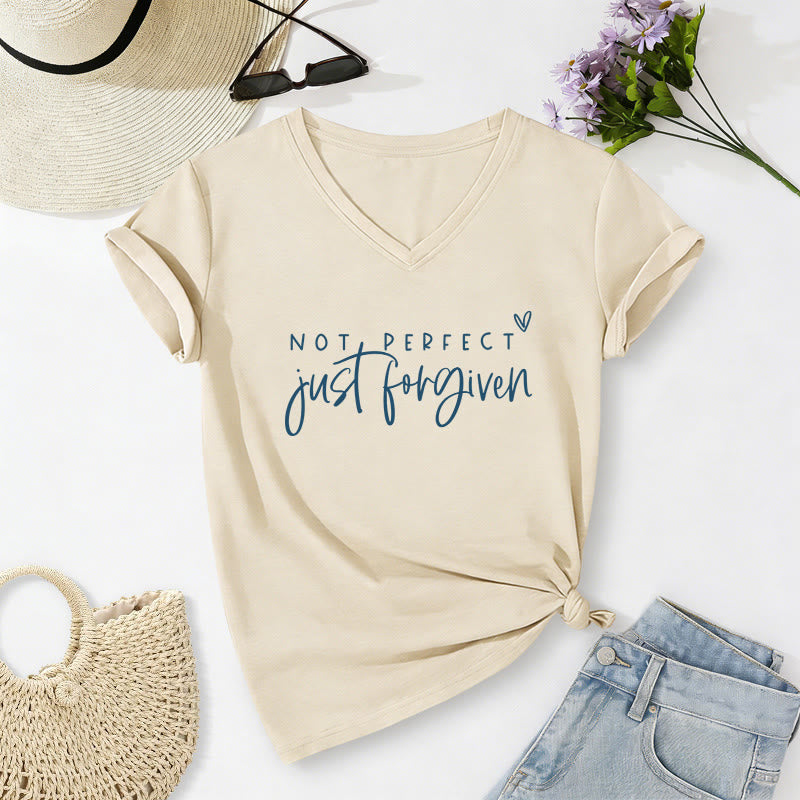 Christianartworkshop Not Perfect Just Forgiven Dual Font Tiny Outline Heart Casual V-neck T-shirt - Beige - 2XL - image 4