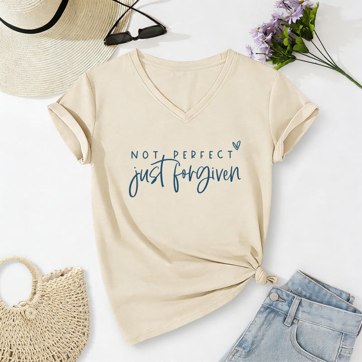 Christianartworkshop Not Perfect Just Forgiven Dual Font Tiny Outline Heart Casual V-neck T-shirt - Beige - 2XL - image 4