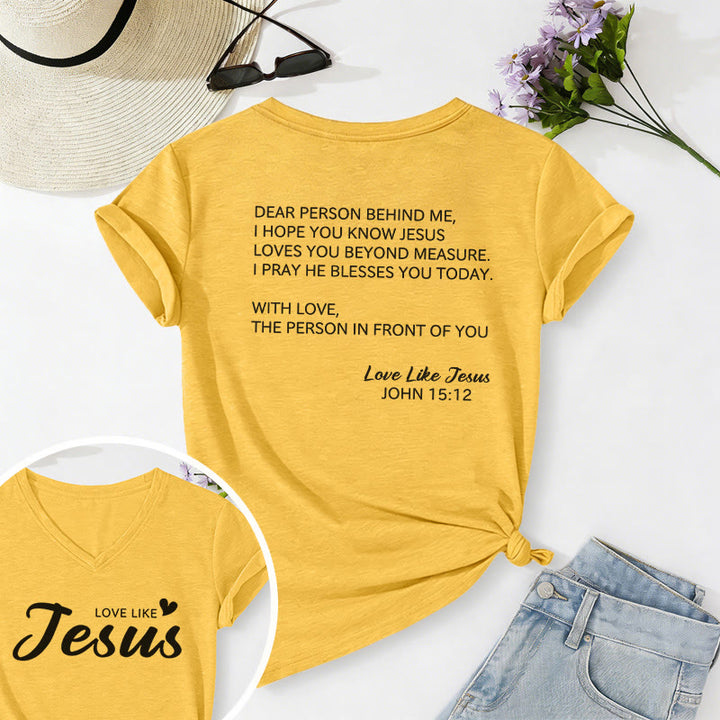 Christianartworkshop Dear Person Behind Me Full Back Text John 15:12 Verse Front Love Slogan Casual V-neck T-shirt - Yellow - 2XL - image 24