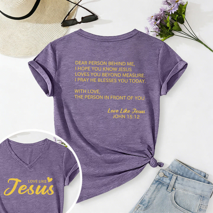 Christianartworkshop Dear Person Behind Me Full Back Text John 15:12 Verse Front Love Slogan Casual V-neck T-shirt - Purple - 2XL - image 36
