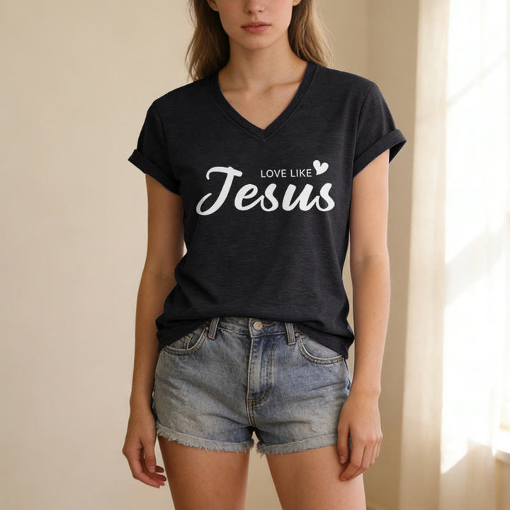 Christianartworkshop Dear Person Behind Me Full Back Text John 15:12 Verse Front Love Slogan Casual V-neck T-shirt - image 15