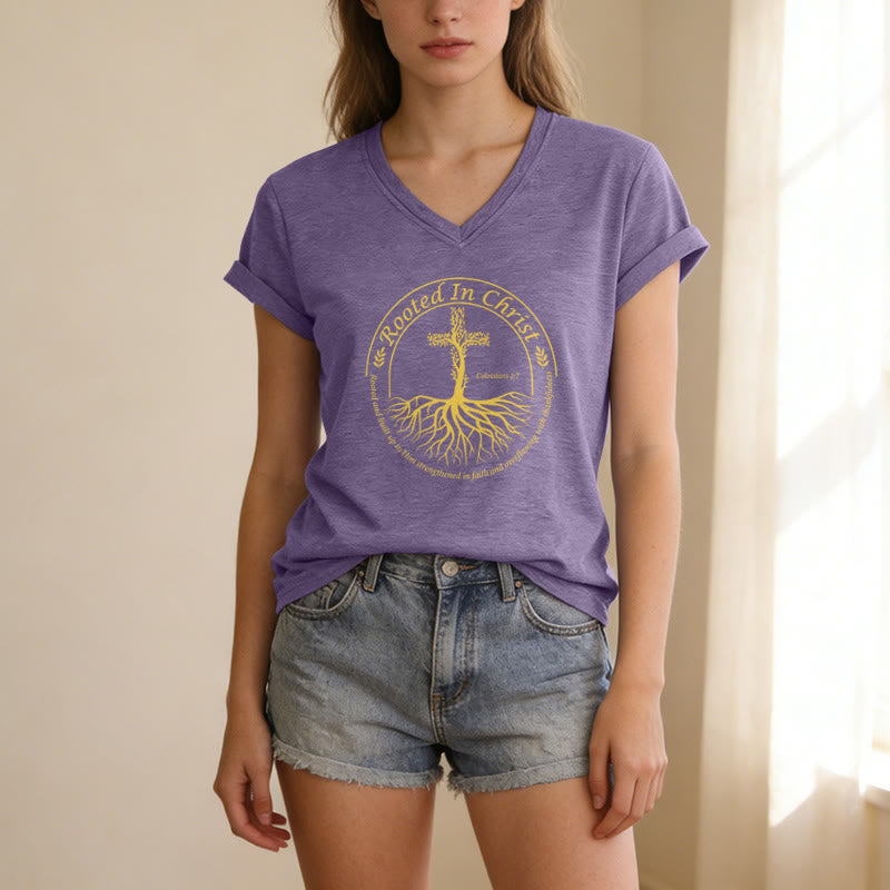 Christianartworkshop Rooted In Christ Tree Root Cross Circular Frame Scripture Verse Casual V-neck T-shirt - image 13