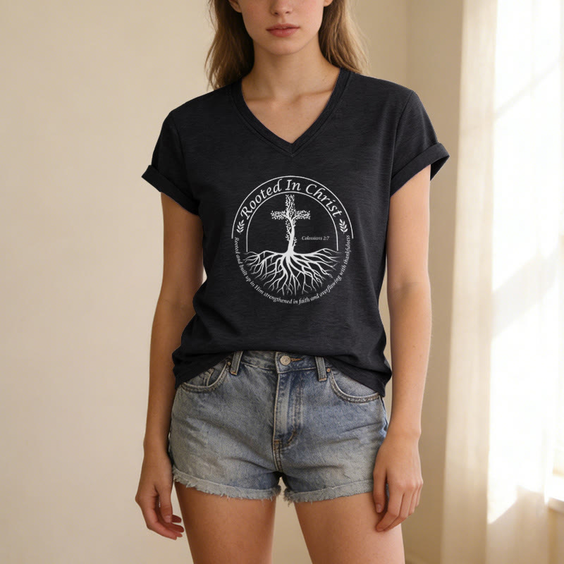 Christianartworkshop Rooted In Christ Tree Root Cross Circular Frame Scripture Verse Casual V-neck T-shirt - image 5