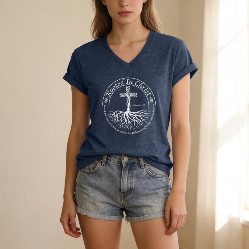 Christianartworkshop Rooted In Christ Tree Root Cross Circular Frame Scripture Verse Casual V-neck T-shirt - image 15