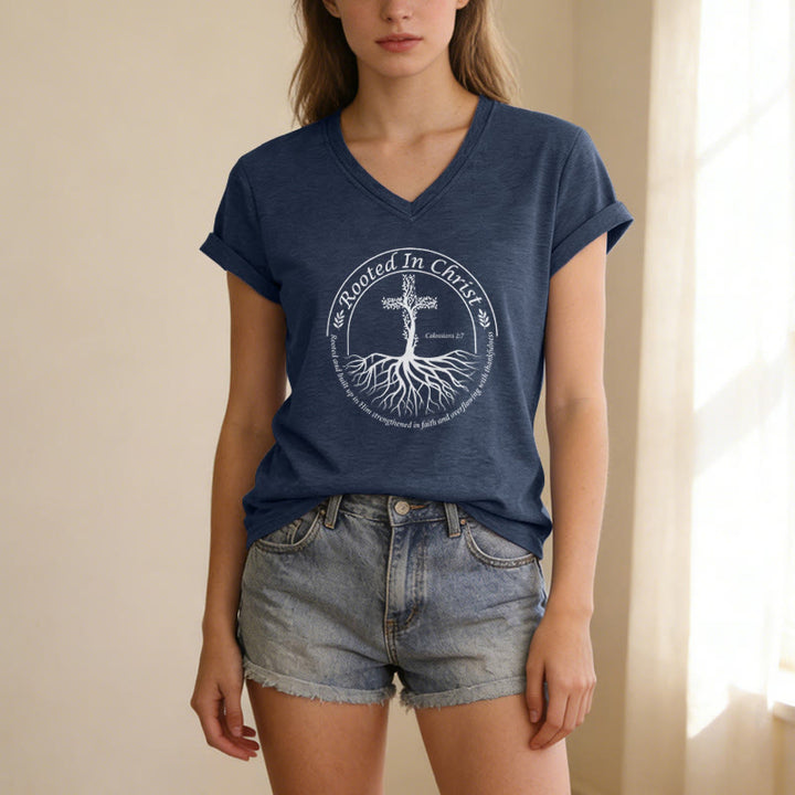 Christianartworkshop Rooted In Christ Tree Root Cross Circular Frame Scripture Verse Casual V-neck T-shirt - image 15