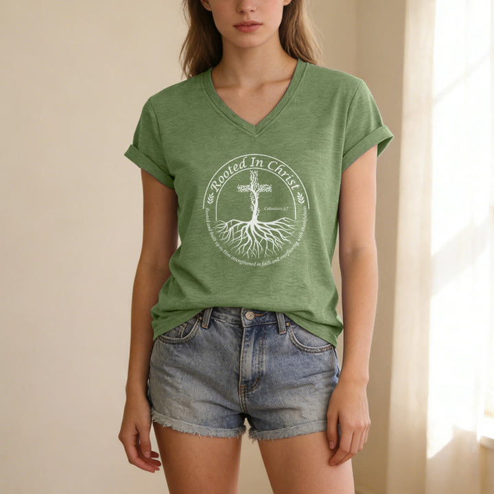 Christianartworkshop Rooted In Christ Tree Root Cross Circular Frame Scripture Verse Casual V-neck T-shirt - image 19
