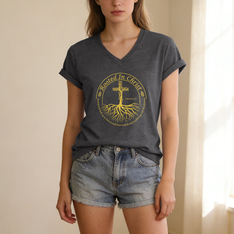 Christianartworkshop Rooted In Christ Tree Root Cross Circular Frame Scripture Verse Casual V-neck T-shirt - image 1