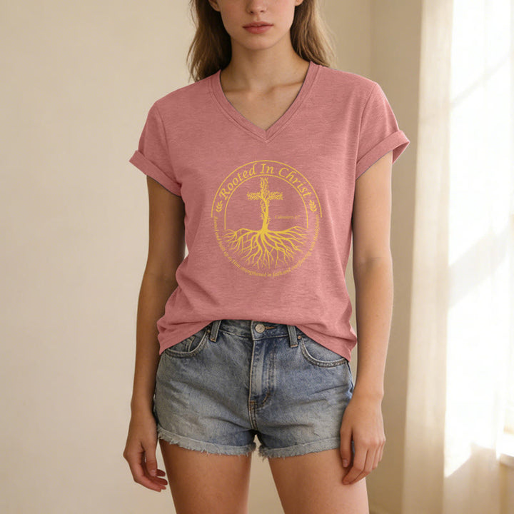 Christianartworkshop Rooted In Christ Tree Root Cross Circular Frame Scripture Verse Casual V-neck T-shirt - image 3