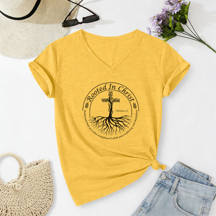 Christianartworkshop Rooted In Christ Tree Root Cross Circular Frame Scripture Verse Casual V-neck T-shirt - Yellow - 2XL - image 8