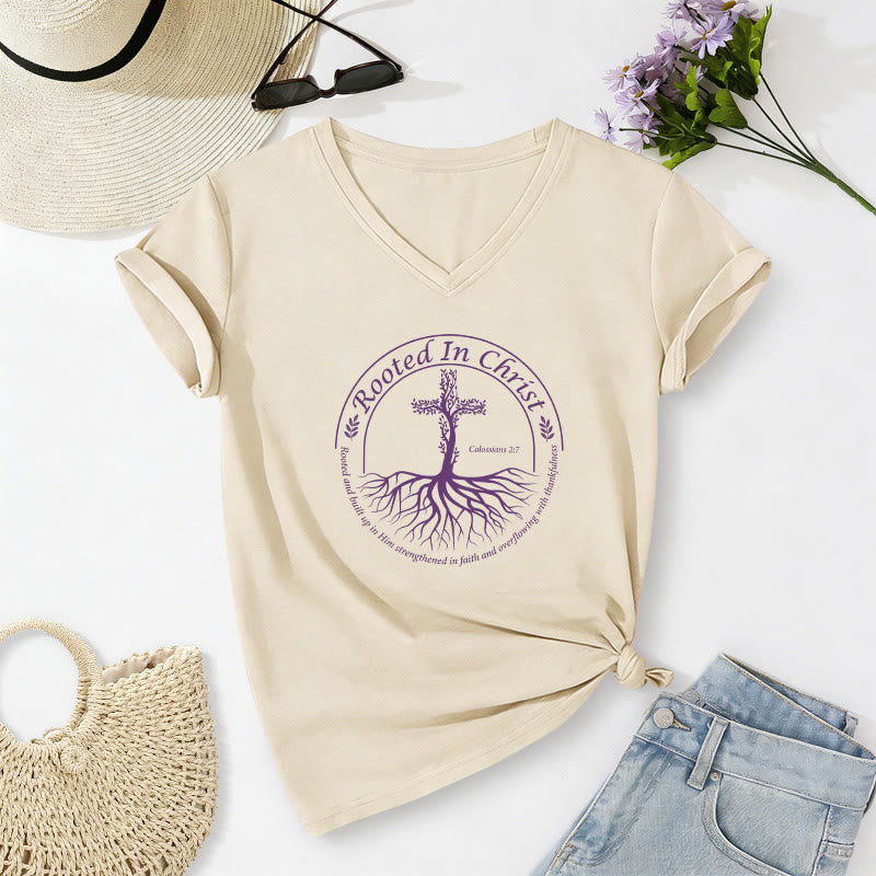Christianartworkshop Rooted In Christ Tree Root Cross Circular Frame Scripture Verse Casual V-neck T-shirt - Beige - 2XL - image 6