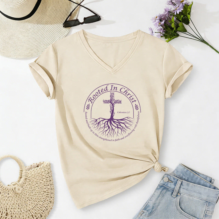 Christianartworkshop Rooted In Christ Tree Root Cross Circular Frame Scripture Verse Casual V-neck T-shirt - Beige - 2XL - image 6