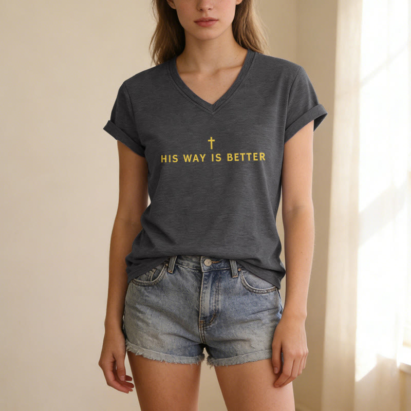Christianartworkshop His Way Is Better Simple Vertical Cross Minimal Casual V-neck T-shirt - image 1