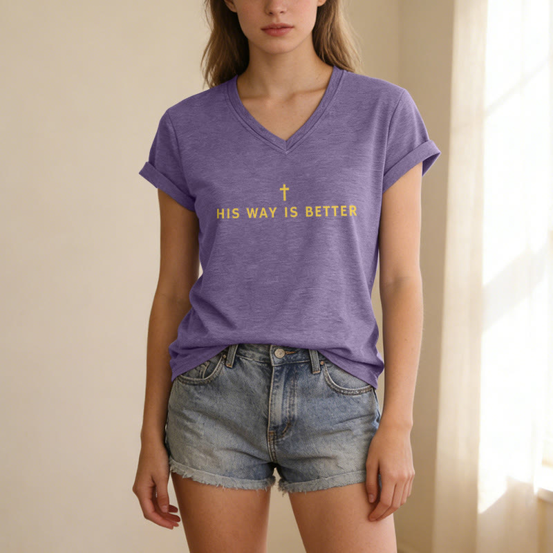 Christianartworkshop His Way Is Better Simple Vertical Cross Minimal Casual V-neck T-shirt - image 13