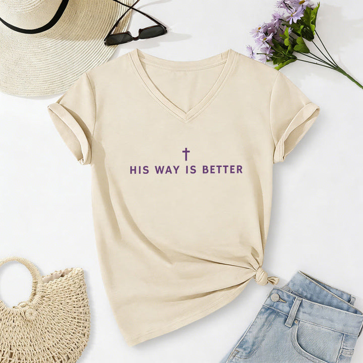 Christianartworkshop His Way Is Better Simple Vertical Cross Minimal Casual V-neck T-shirt - Beige - 2XL - image 6