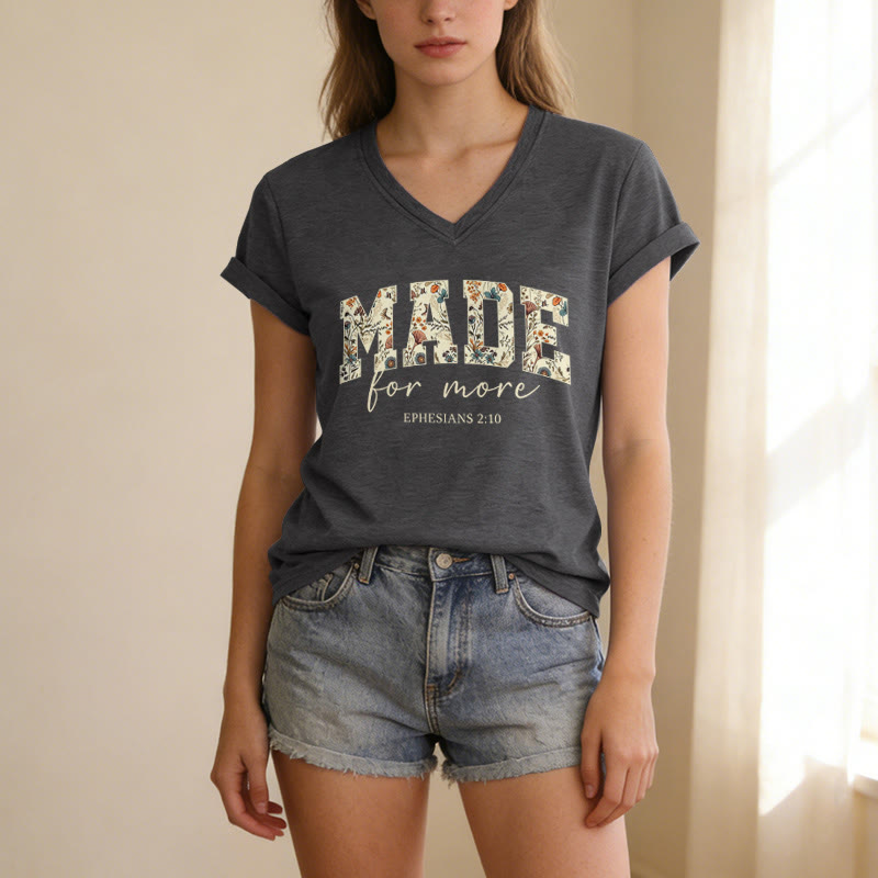 Christianartworkshop Made For More Floral Fill Varsity Font Cursive Script Ephesians 2:10 Verse Casual V-neck T-shirt - image 3