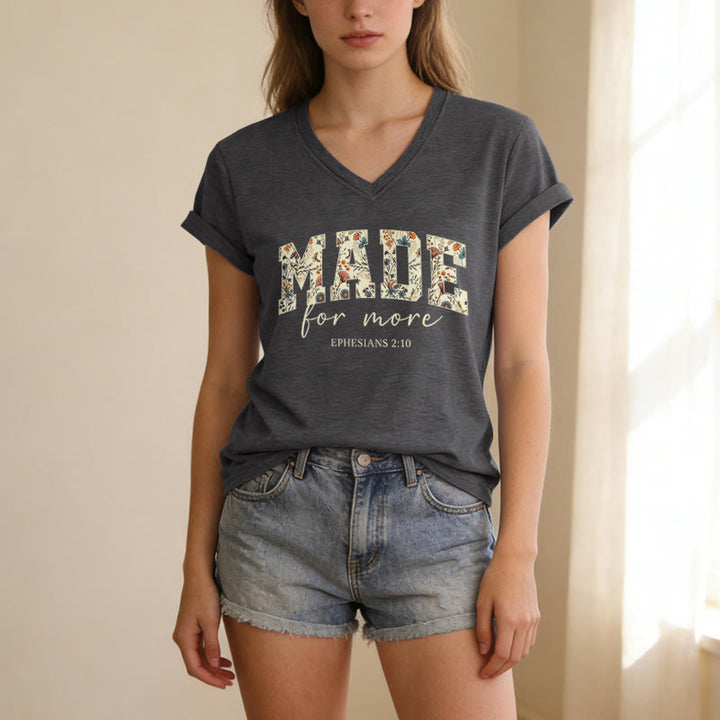 Christianartworkshop Made For More Floral Fill Varsity Font Cursive Script Ephesians 2:10 Verse Casual V-neck T-shirt - image 3