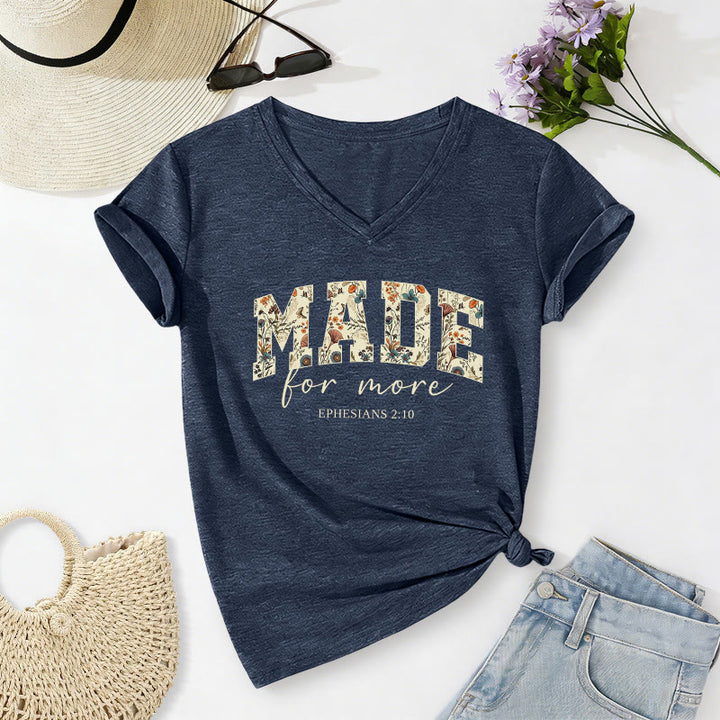 Christianartworkshop Made For More Floral Fill Varsity Font Cursive Script Ephesians 2:10 Verse Casual V-neck T-shirt - Navy Blue - 2XL - image 0