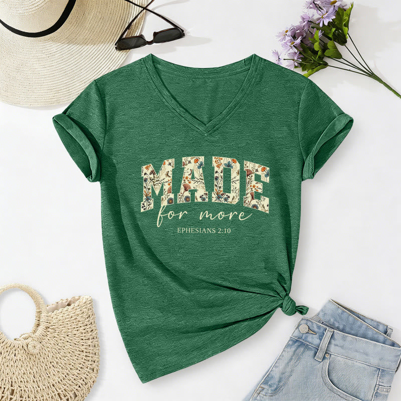 Christianartworkshop Made For More Floral Fill Varsity Font Cursive Script Ephesians 2:10 Verse Casual V-neck T-shirt - Dark Green - 2XL - image 24