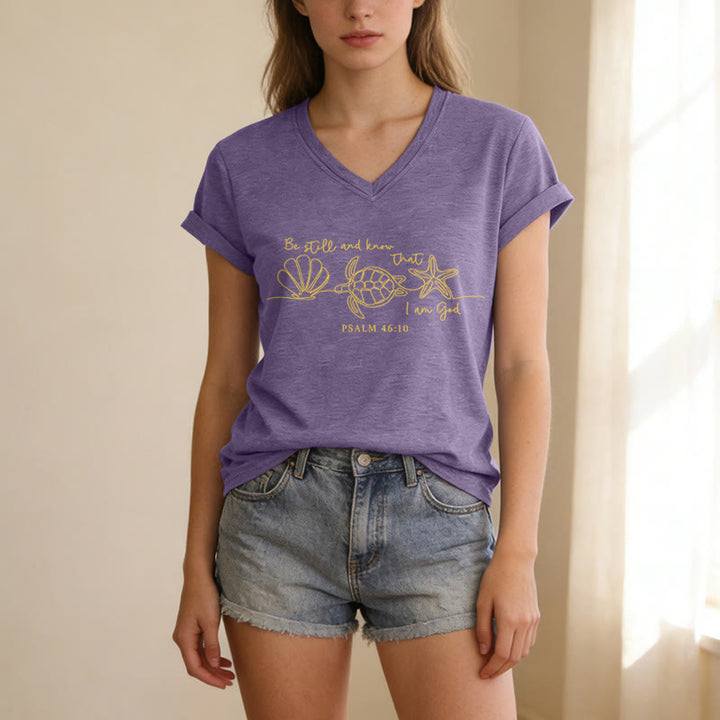 Christianartworkshop Be Still And Know That I Am God Line Drawing Sea Turtle Shell Starfish Psalm 46:10 V-neck T-shirt - image 15