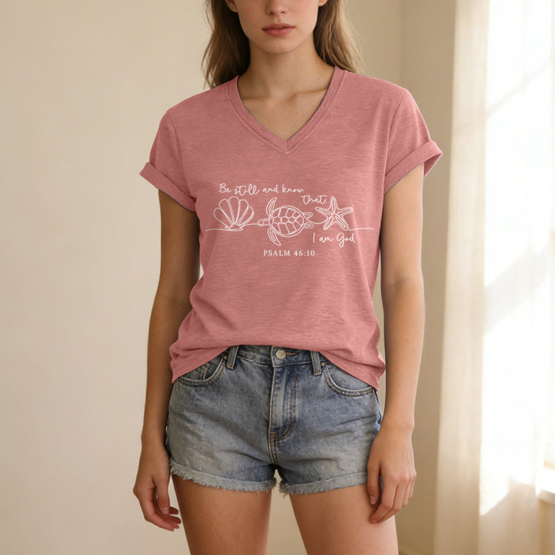 Christianartworkshop Be Still And Know That I Am God Line Drawing Sea Turtle Shell Starfish Psalm 46:10 V-neck T-shirt - image 5