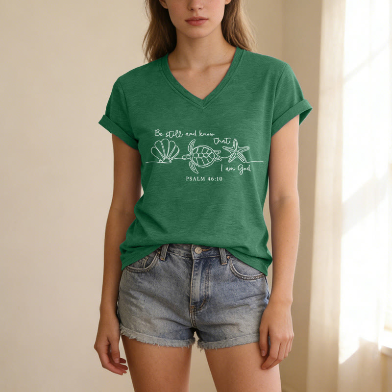 Christianartworkshop Be Still And Know That I Am God Line Drawing Sea Turtle Shell Starfish Psalm 46:10 V-neck T-shirt - image 1