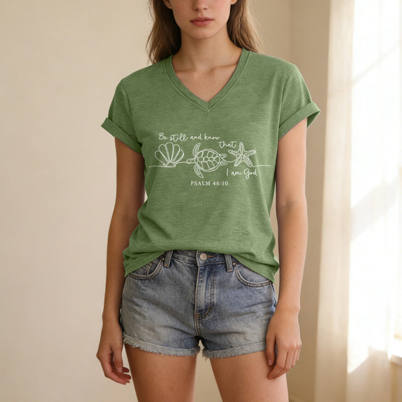 Christianartworkshop Be Still And Know That I Am God Line Drawing Sea Turtle Shell Starfish Psalm 46:10 V-neck T-shirt - image 21