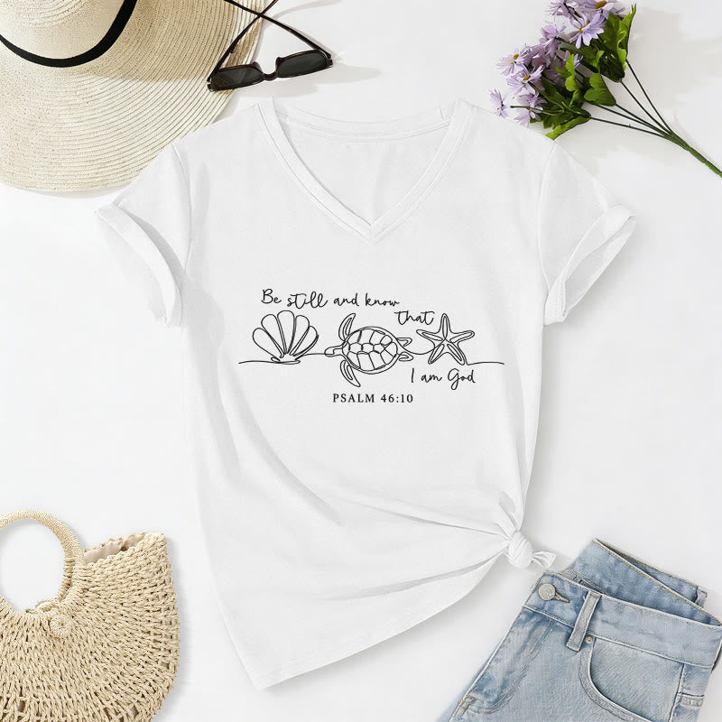 Christianartworkshop Be Still And Know That I Am God Line Drawing Sea Turtle Shell Starfish Psalm 46:10 V-neck T-shirt - White - 2XL - image 22